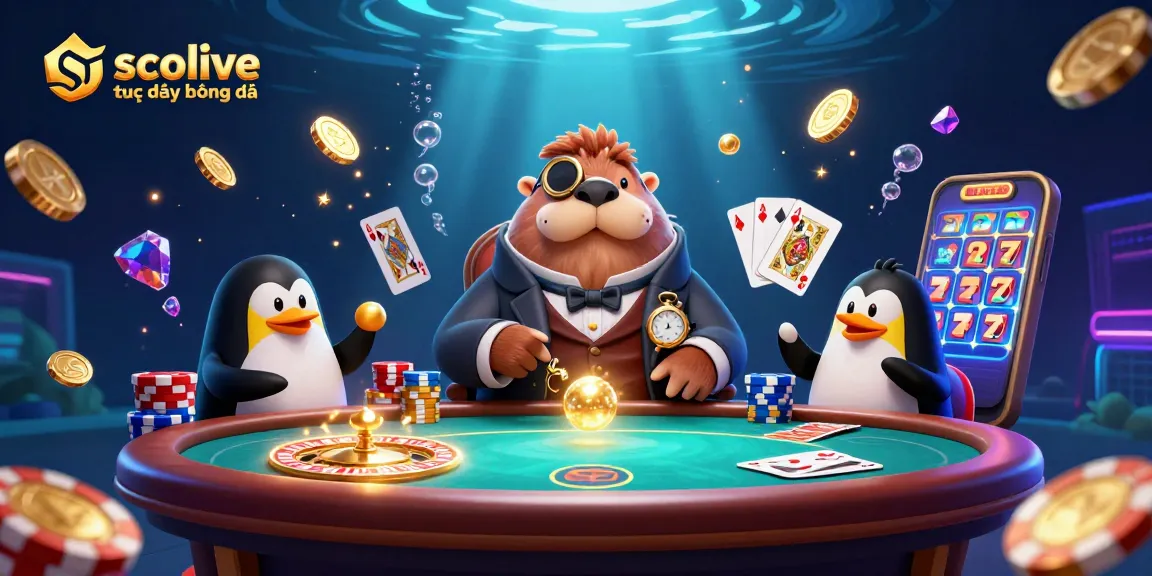 Socolive trực tiếp bóng đá scene with a jolly walrus and penguin dealer at an exciting underwater casino game.