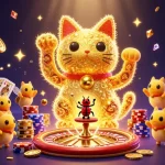 Experience the thrill of gaming with MAN88 as the lucky cat brings casino symbols to life in a vibrant scene.