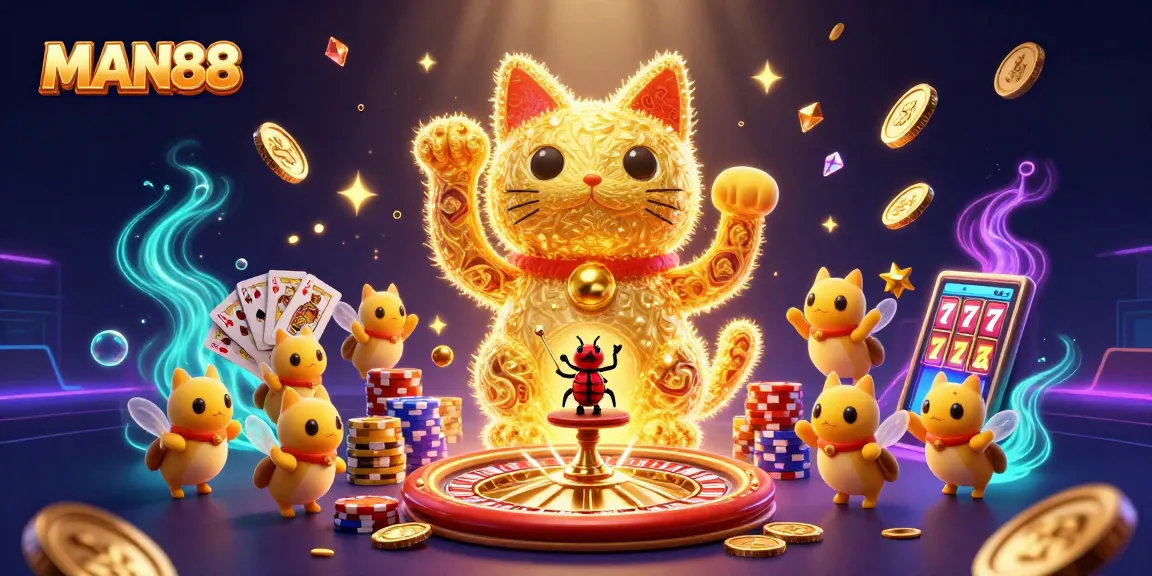 Experience the thrill of gaming with MAN88 as the lucky cat brings casino symbols to life in a vibrant scene.
