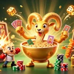 Engage with Nhà cái 11Win’s vibrant 3D casino illustration showcasing a jackpot scene with slots and lively characters.