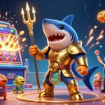 Experience the thrilling action of giải mã nhà cái with a tiger shark in gladiator armor amidst an underwater casino.