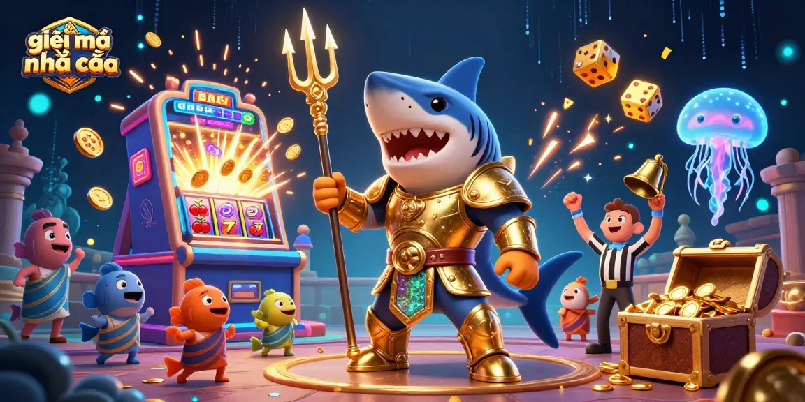 Experience the thrilling action of giải mã nhà cái with a tiger shark in gladiator armor amidst an underwater casino.