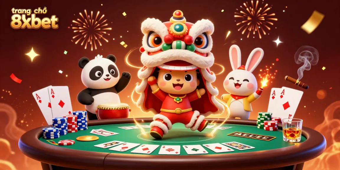 Win big at trang chủ 8xbet with vibrant 3D casino illustration featuring a lively lion dance.
