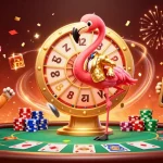 Engaging scene showcasing luong son with a cartoon flamingo host and bulldog contestant at a vibrant casino event.