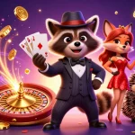 Experience casino excitement with казино лакибир in this vibrant 3D illustration featuring a raccoon, fox, and hedgehog surrounded by gaming elements.