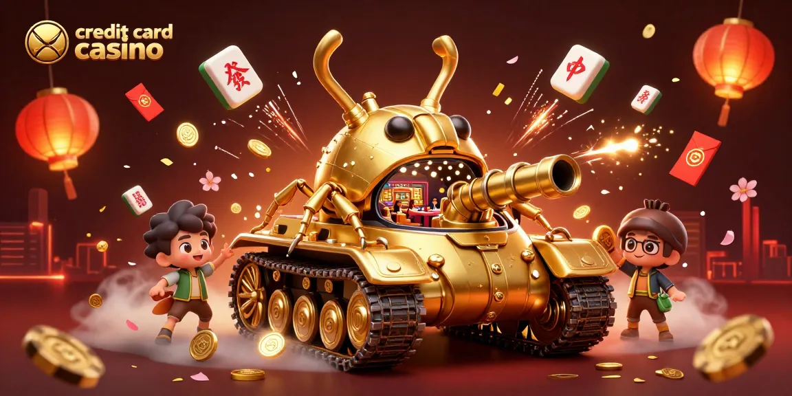 Engage with the thrill of a credit card casino experience featuring a vibrant digital illustration of a miniature casino within a golden tank.
