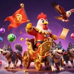 ZBET's dynamic 3D casino scene with a rooster warlord, showcasing excitement and gambling action.