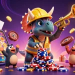 Engage with thrilling gaming action at f168 as cartoon characters celebrate a big win with poker chips.