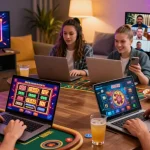 Diverse players experiencing the excitement of non UK casino games on laptops and mobiles in a vibrant, modern setting.