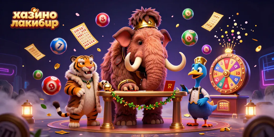 Experience fun with казино лакибир as a cartoon mammoth bouncer checks IDs amid colorful lottery elements.