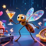 fu88 casino scene featuring a frozen mosquito mascot, trilobite DJ, and vibrant gaming elements