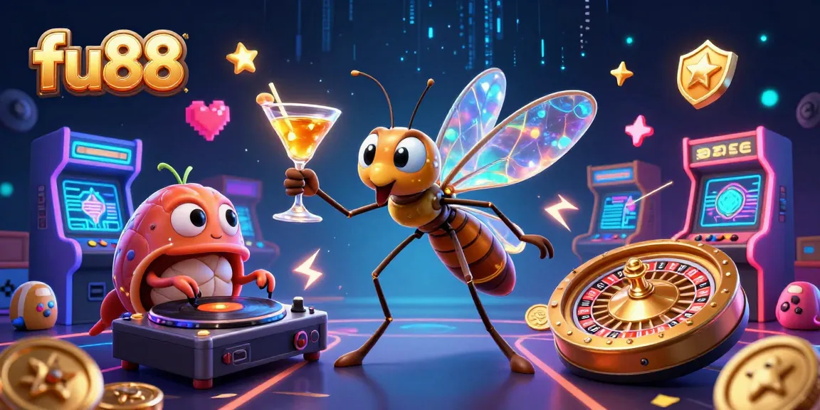 fu88 casino scene featuring a frozen mosquito mascot, trilobite DJ, and vibrant gaming elements