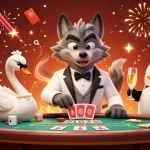 Experience excitement at FIVE88 with a debonair wolf and elegant swan at a dynamic baccarat table.