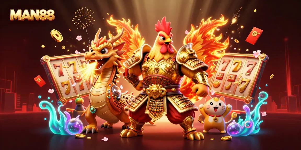Experience thrilling gameplay at MAN88 with roaring victories around 3D slot reels in a vibrant casino.