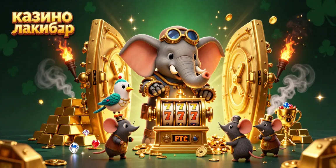 Spin the golden slot machine at казино лакибир, surrounded by treasures and steampunk elements.