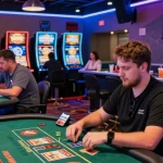 Experience the thrill of credit card casinos with players enjoying live dealer games and vibrant slot machines.