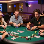 Engaging players enjoying games at non UKGC casinos with colorful chips and promotional screens in a vibrant atmosphere.