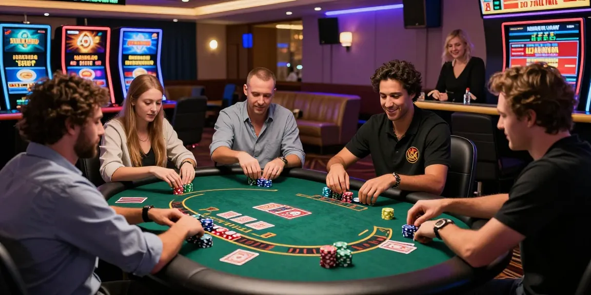 Engaging players enjoying games at non UKGC casinos with colorful chips and promotional screens in a vibrant atmosphere.