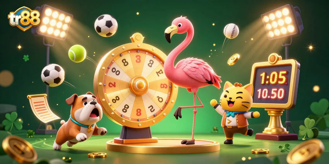 Experience the excitement of tr88 with a vibrant game show illustration showcasing flashy prizes and dynamic sports elements.