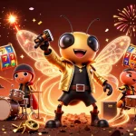 Experience the thrilling atmosphere of sin88 with vibrant slot reels and a rock star cicada in a dynamic casino scene.